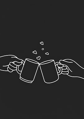 Mugs Toasting with Hearts Minimalist Line Art