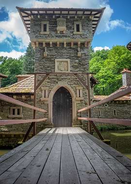 Stone Castle Tower with Wooden Bridge