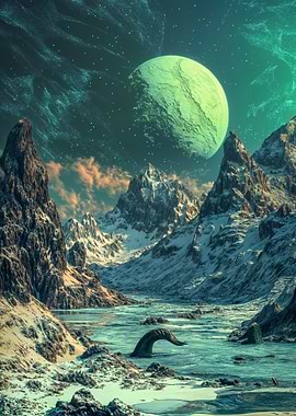 Alien landscape with a sea monster