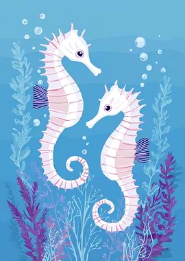 Two Seahorses in Blue Ocean