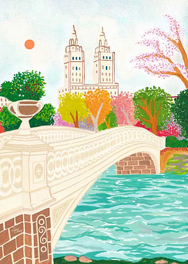 Central Park Bridge Illustration, New York City Poster, Bow Bridge Art Print, Central Park Wall Art, Housewarming Gift