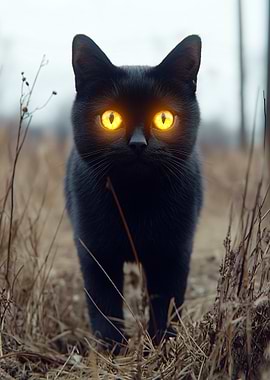 Black Cat with Glowing Yellow Eyes