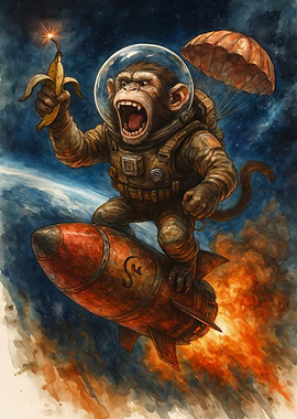 Monkey Astronaut Riding Rocket with Banana