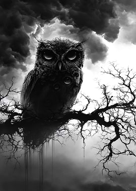 Monochrome Owl Perched on Branch
