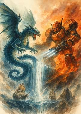 Dragon versus Robot Watercolor Battle Scene