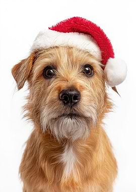 Norfolk Terrier Dog with Santa Hat Portrait