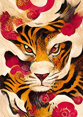 Tiger with Floral and Abstract Elements