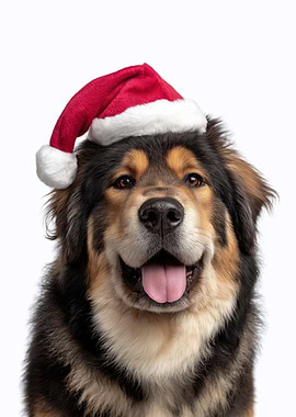 Tibetan Mastiff Dog with Santa Hat Portrait