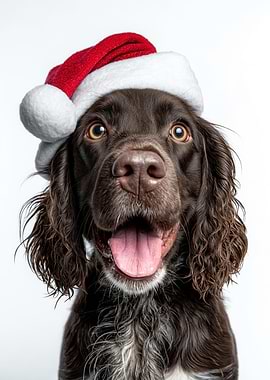 Field Spaniel Dog with Santa Hat Portrait