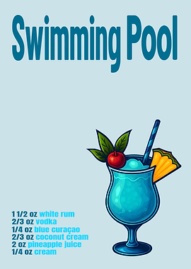 Swimming Pool Cocktail Art Print – Retro Tropical Drink Recipe Wall Decor for Bar, Kitchen, or Tiki Lounge