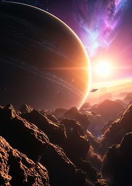 Exoplanet Landscape with Rising Sun