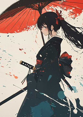 Anime Girl with Katana and Umbrella