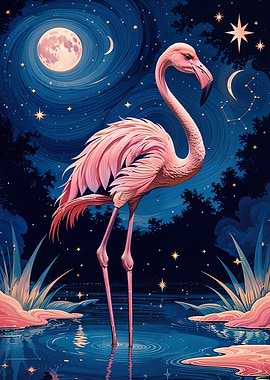 Flamingo under starry night sky