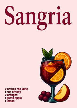 Sangria Cocktail Art Print – Fruity Wine Drink Recipe Wall Decor for Bar, Kitchen, or Lounge