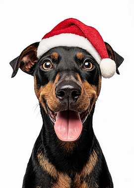 German Pinscher Dog with Santa Hat Portrait