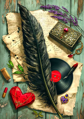 Vintage Still Life with Feather and Vinyl