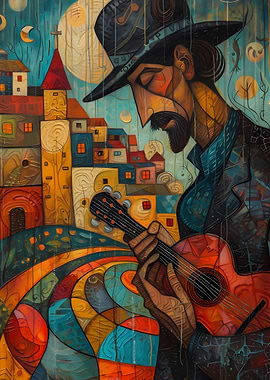 Guitarist in a Colorful Cityscape Painting