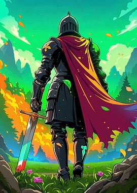 Knight with Sword in Fantasy Landscape