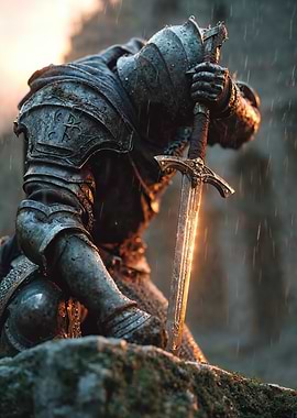 Kneeling King Arthur with Excalibur in Rain