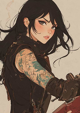 Anime Biker Girl with Tattoo