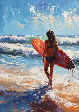 Surfer Girl on Beach Painting