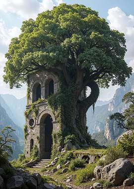 Treehouse Ruins in Mountainous Landscape