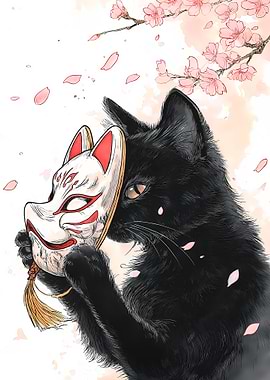 Black Cat with Kitsune Mask