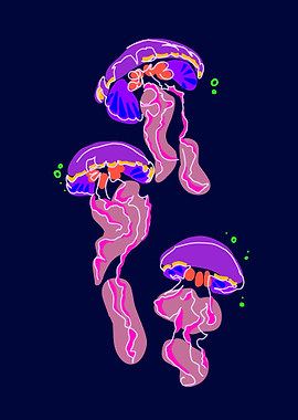 Colorful Jellyfish Illustration on Dark Blue