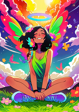 Smiling Fairy Girl in Colorful Meadow