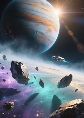 Spaceship near planet with asteroid field