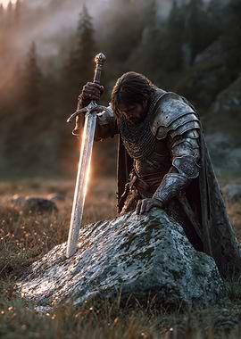 King Arthur pushing back Excalibur