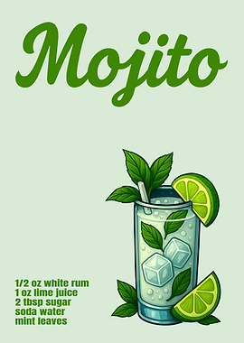 Mojito Cocktail Art Print – Fresh Mint & Lime Drink Recipe Wall Decor for Kitchen, Bar, or Summer Lounge