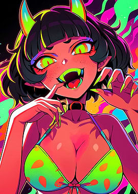 Neon Devil Girl with Bikini Top