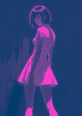 Anime Girl in Pink and Blue 80s 90s retro