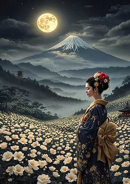 Japanese Woman in Kimono in Mount Fuji Landscape