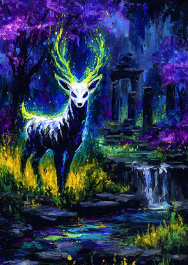 Mystical Deer in Enchanted Forest Painting