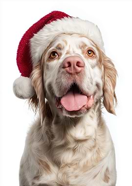 Clumber Spaniel Dog with Santa Hat Portrait