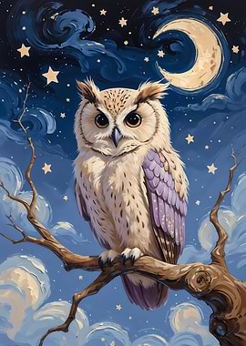 Owl Perched on Branch at Night starry night