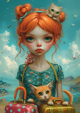 Girl with Cats and Suitcases