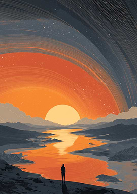 Sunset River Landscape with Solitary Figure