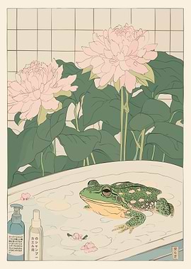 Frog in Bath with Flowers