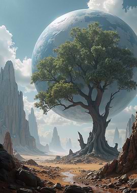 Sci-Fi Landscape with Tree and Planet