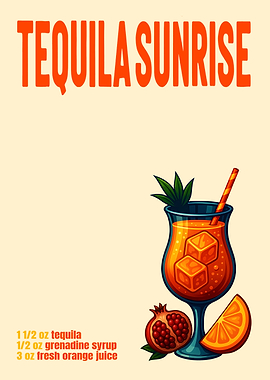 Tequila Sunrise Cocktail Art Print – Vibrant Tequila Drink Recipe Wall Decor for Bar, Kitchen, or Lounge