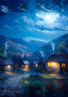 Night Village Painting