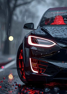 Sleek Black Car in the Rain
