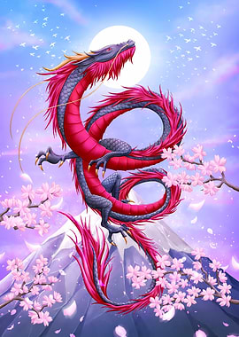 Dragon with Cherry Blossoms and Mountain
