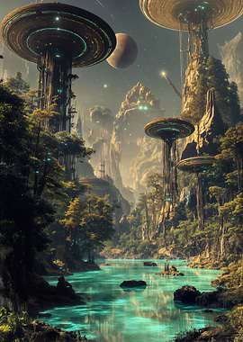 Futuristic alien landscape with river
