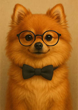 Pomeranian dog with glasses and bow