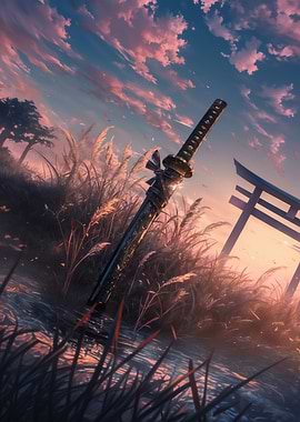Katana in Field at Sunset