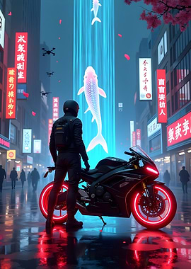 Cyberpunk Motorcycle with Koi Fish